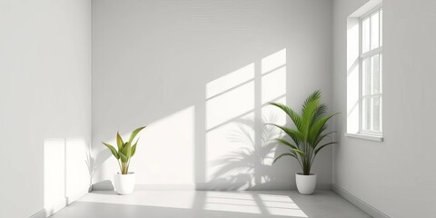 Minimalist pastel gray room interior, empty wall, plants, window light, shadows, subtle, gray