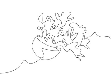 Single one line drawing pomegranate is cut into 2 parts and the bottom part comes out with a splash of juice. Enjoy the sweet fruit juice. Juice Splash. Continuous line design graphic illustration