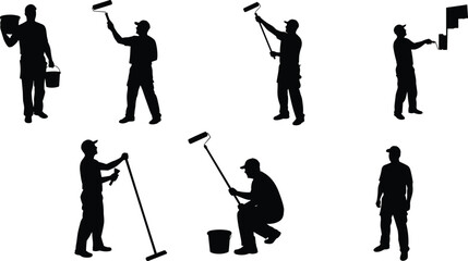 Silhouette of professional painter worker using paint roller and brush with bucket in various painting and decorating actions