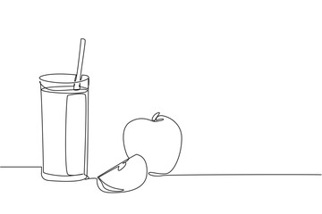 Single one line drawing glass of apple juice with a straw in the glass. Sweet or sour, the deliciousness completes the day. Tasty. National Juice Slush Day. Continuous line design graphic illustration