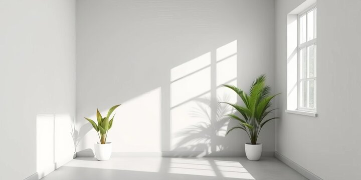 Minimalist pastel gray room interior, empty wall, plants, window light, shadows, subtle, gray