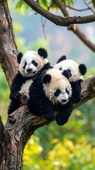 Obraz premium Three panda cubs nestled in a tree
