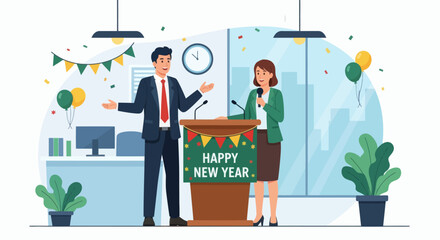 Fototapeta premium Two people at a HAPPY NEW YEAR podium in a decorated office surrounded by confetti and balloons