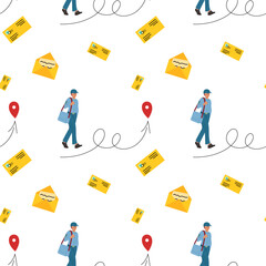 Postal worker delivering letters in a vibrant pattern design featuring envelopes and pins