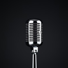 Fototapeta premium Retro Microphone, Vintage Recording Studio Equipment, Chrome Metal, Broadcast, Podcast, Music, Sing, Voice, Sound, Audio, Black Background, Shiny, Elegant, Professional, Classic Style, Isolated,