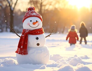 Obraz premium Whimsical winter wonderland featuring a charming snowman basking in sunlight