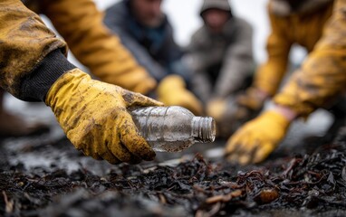 Dirty hands collect plastic bottle debris