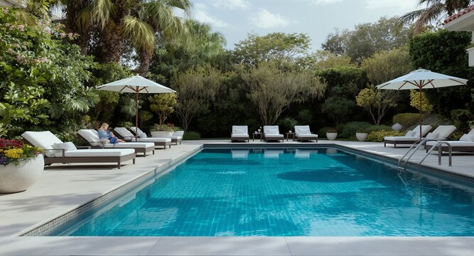 Relaxing Poolside Scene with Lush Greenery and Comfortable Loungers