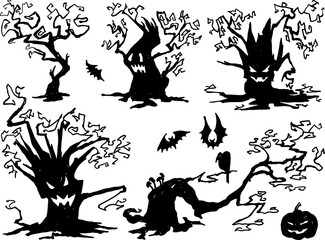 This is a collection of spooky, hand-drawn images perfect for Halloween. The set includes a variety of gnarled, shadowy trees, some with menacing faces. There are also smaller illustrations like a