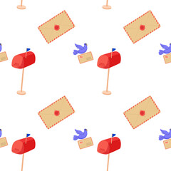 Colorful pattern featuring mailboxes, envelopes, and a bird with letters on a white background