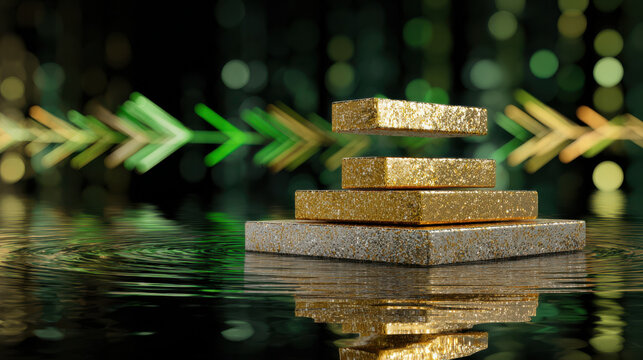 Golden blocks float above reflective surface with price surge concept highlighted by glowing green arrows in background