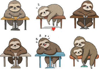 Cute cartoon sloths sitting and sleeping at school desks, funny animal student illustration, lazy classroom concept, adorable sleepy mood. © Sagor Creatives