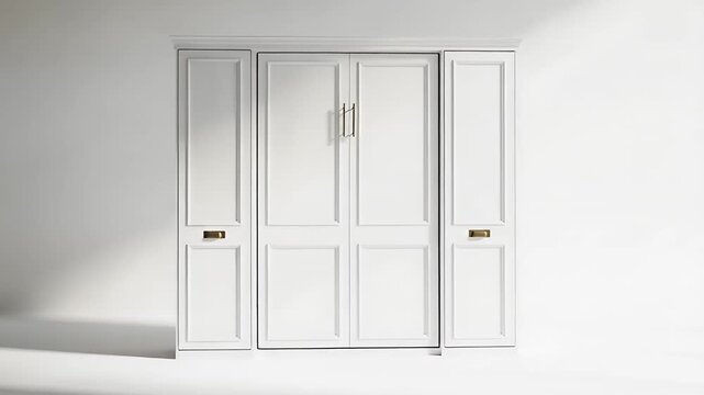 Modern White Murphy Bed System Closed. Elegant Wall Bed Cabinet with Paneled Doors for Space-Saving Interior Design.