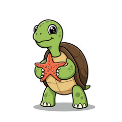 A smiling green turtle holds a bright red-orange starfish while standing upright on a white background with a soft shadow.