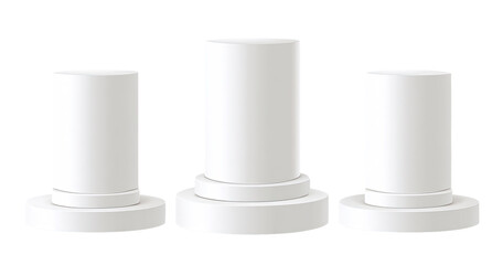 Three white cylindrical pedestals of varying sizes