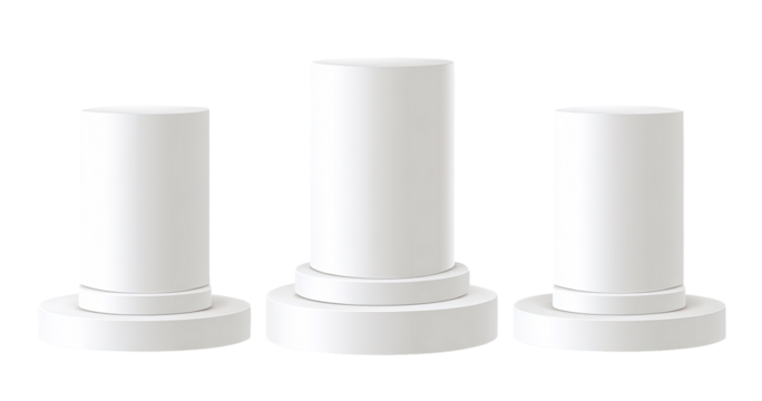 Three white cylindrical pedestals of varying sizes