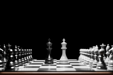 Black and White king faces of chess battle on center of board, symbolizing business strategy and decision-making. Leadership and competition concept, 3D render