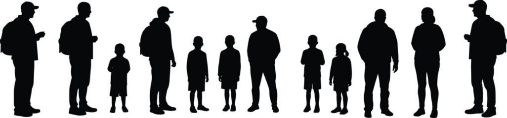 Silhouette vector of standing people including men, women, and children in casual clothes, perfect for family or crowd concept illustrations.