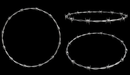 Chrome barbed wire solated on black background. Metal protective barrier with sharp barbs for industrial and agricultural fencing, 3d render