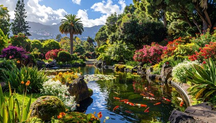 Fototapeta premium Tranquil botanical garden sanctuary with pond and colorful flora beauty