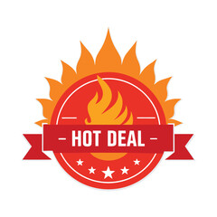 Hot deal badge vector illustration in red and orange with flame icon for special offers, online shop sales, retail discounts, marketing campaigns, and promotional advertising graphics.