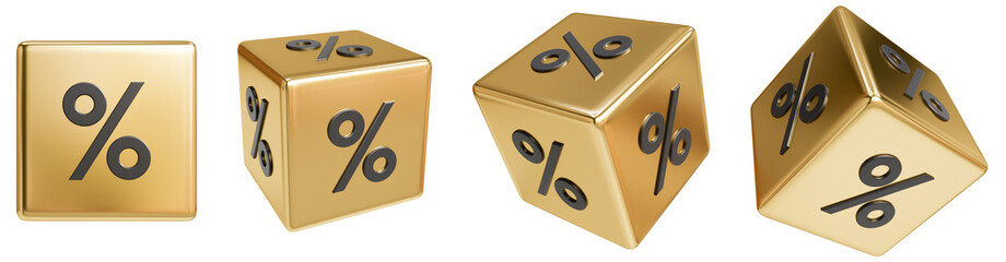Gold dice with percentage icon isolated on white background, 3d render
