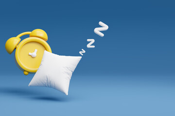White pillow and Yellow alarm clock bed time snooze dream night morning day alert sleep. 3d render