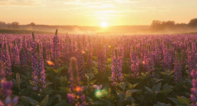 Sunrise over a field of purple flowers