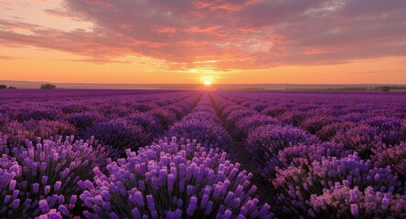 Fototapeta premium Sunrise over a Lavender Field, Purple Flowers, Golden Hour Landscape Photography