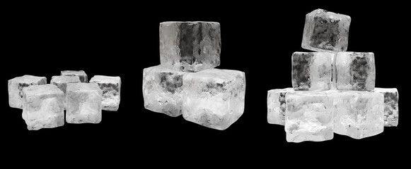 Stack of ice cube, blocks set isolated on black background . Cocktail drinks cool ingredients. Frozen water, 3d render
