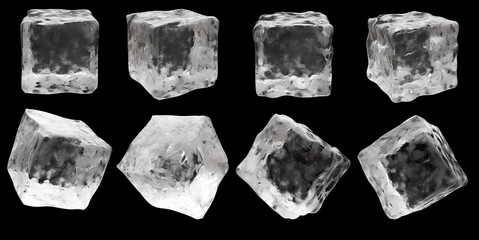 ice cube, blocks set isolated on black background . Cocktail drinks cool ingredients. Frozen water, 3d render
