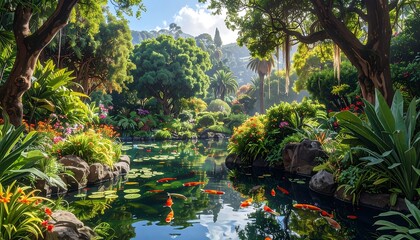 Tranquil garden pond landscape with koi fish and lush green foliage