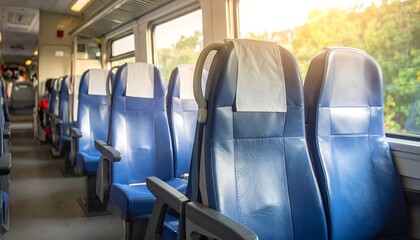 Interior of a train carriage with blue seats