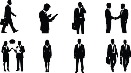 Silhouettes of Business People in Office and Corporate Situations Including Walking, Talking, Shaking Hands, and Professional Communication Vector