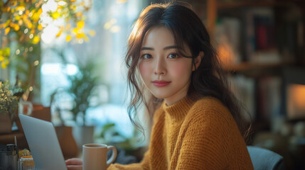 Serene Focus: A captivating woman sits at a sun-drenched desk, immersed in work on her laptop with a warm cup of coffee, exuding tranquility and concentration.