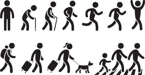 Naklejka premium Human Life Stages and Activities Icons Walking Running Old Age and Travel Keywords: human, life stages, activities, icons, walking, running, old age