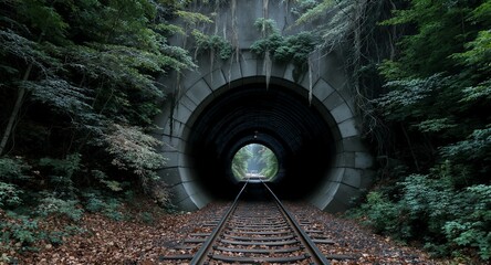 Train Tracks Entering a Tunnel in a Forest, Mysterious Railroad Landscape, Dark Green Foliage, Railroad Tunnel Entrance