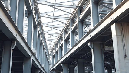 Abstract industrial steel beams create striking patterns in natural construction lighting.