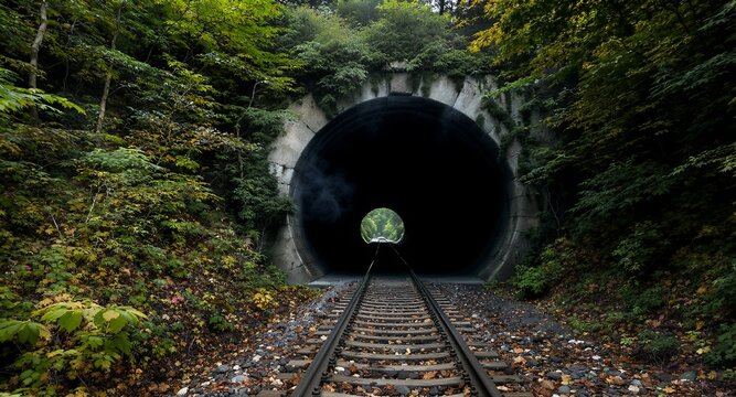 Train Tracks Leading Into a Dark Tunnel in a Forest