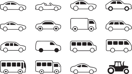 Set of Vehicle Icons Including Cars Trucks Buses and Tractor on White Background Keywords: car, automobile, vehicle, transport, transportation, truck