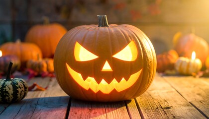 Halloween pumpkin on rustic wooden planks