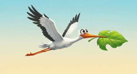 Obraz premium Cartoon-style Stork Delivers a Leaf A Whimsical Nature Illustration