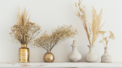 Nature-Inspired Decor: Pink/Lavender Flowers, Willow Branches & Golden Wheat Bunches in Vases & Pots