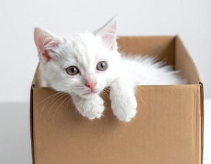 White kitten in a cardboard box