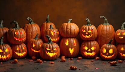 A vibrant display of intricately carved Halloween pumpkins glowing against a festive backdrop