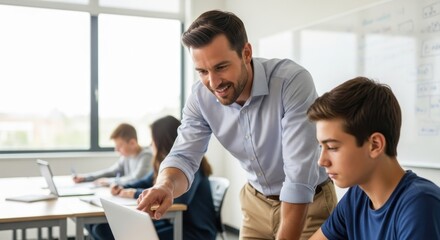 Teacher helping student with laptop in classroom.