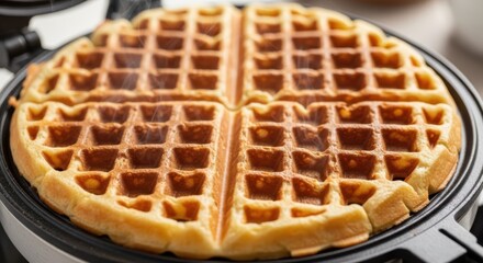 Golden brown waffles cooking in a waffle maker, ready to serve hot