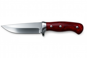 Sharp hunting knife with red wooden handle isolated on transparent background, ideal for outdoor and survival themes