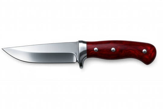 Sharp hunting knife with red wooden handle isolated on transparent background, ideal for outdoor and survival themes