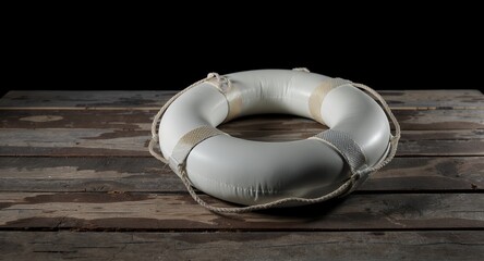 White Life Preserver on Rustic Wooden Surface, Safety and Rescue Concept